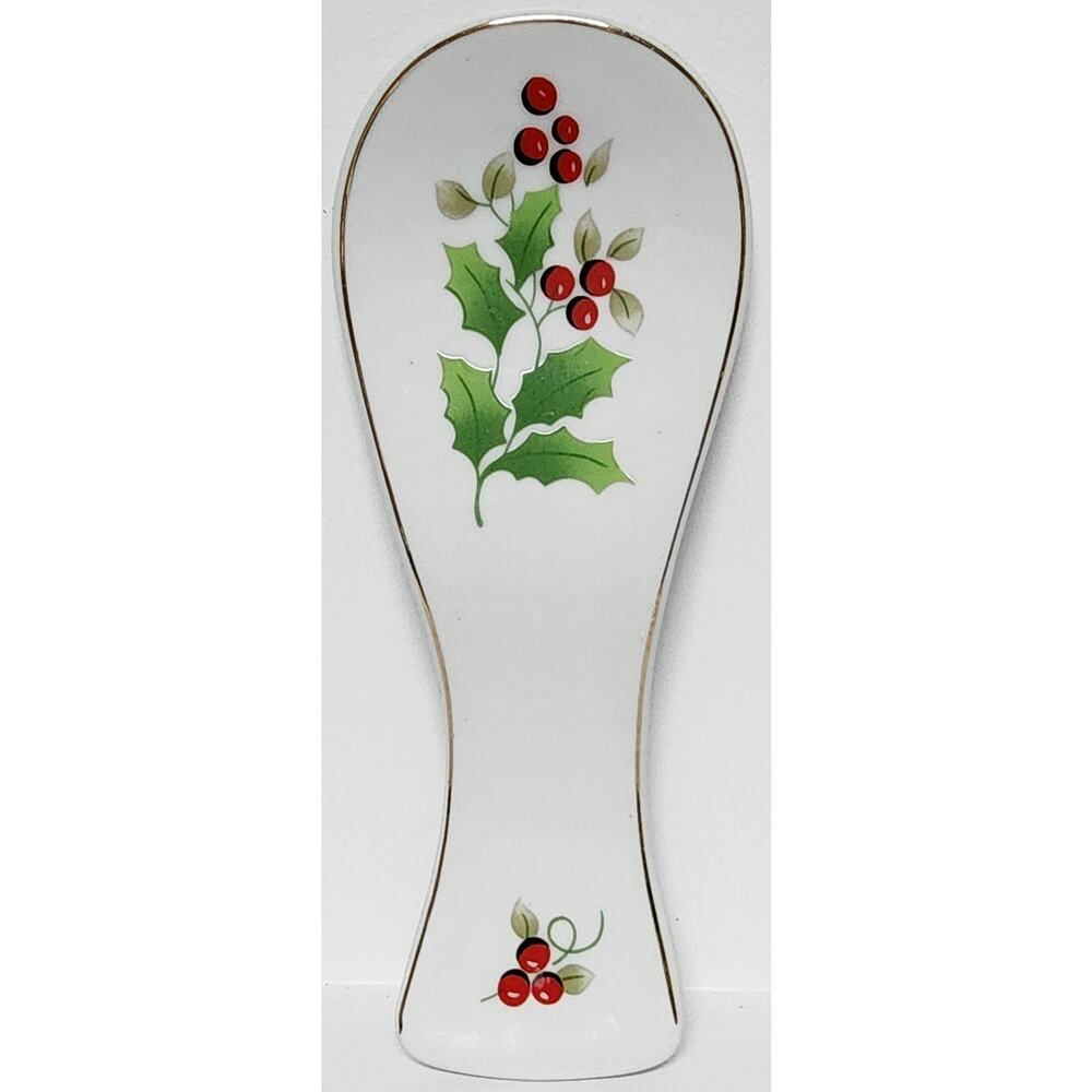 Royal Norfolk Holly Berry Spoon Rest Gold Trim Christmas Ceramic Vintage